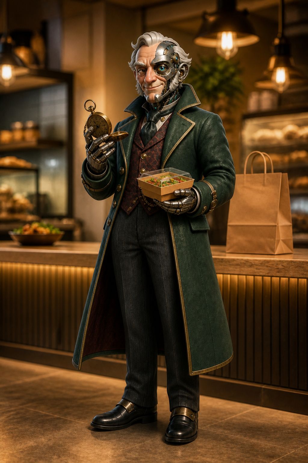 Cyborg Scrooge presenting a takeaway meal
