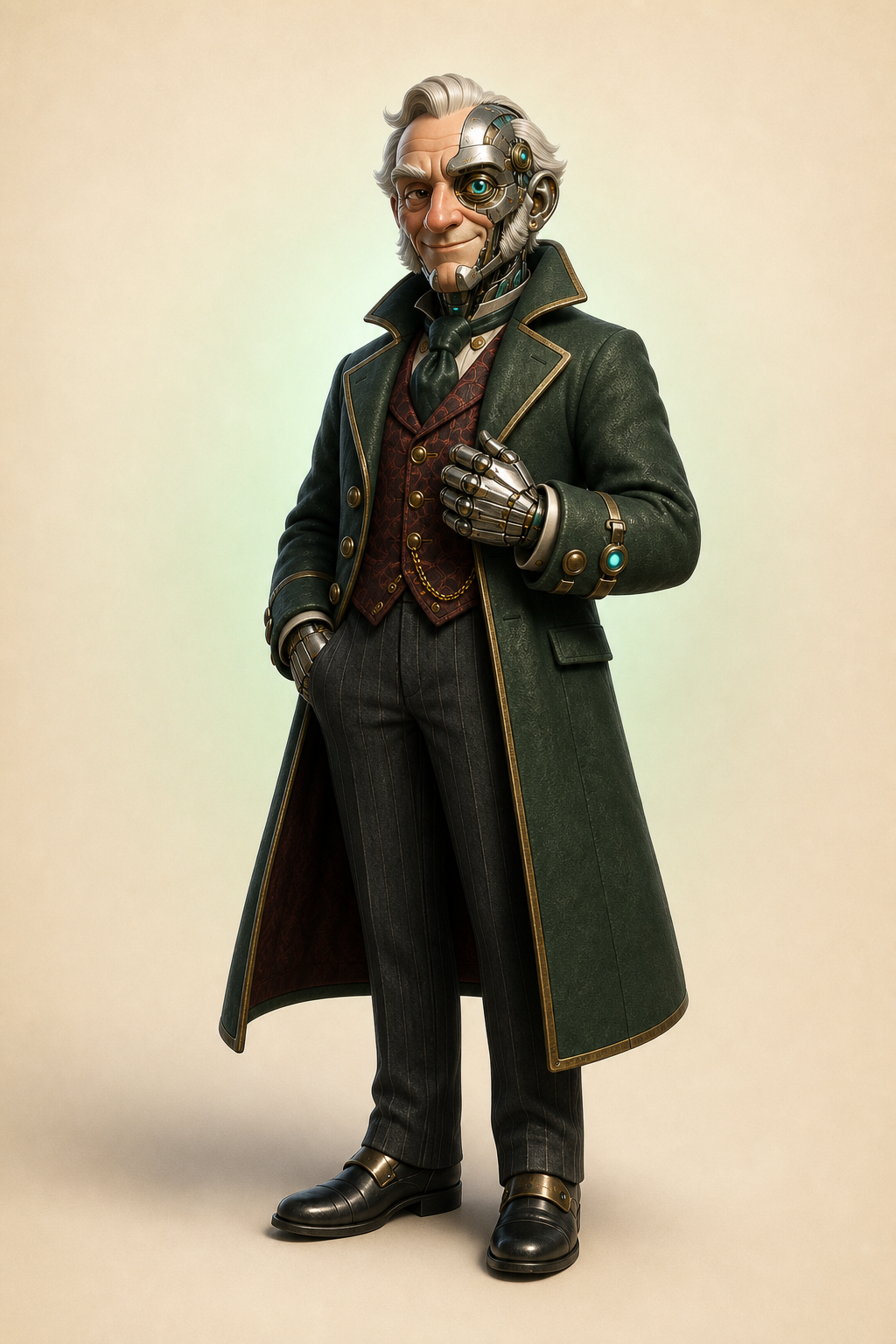 Cyborg Scrooge mascot holding a pocket watch and ledger
