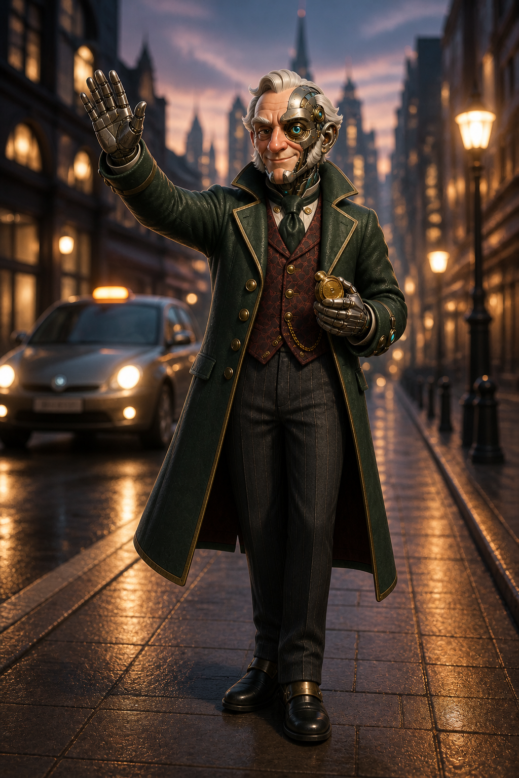 Cyborg Scrooge hailing a taxi